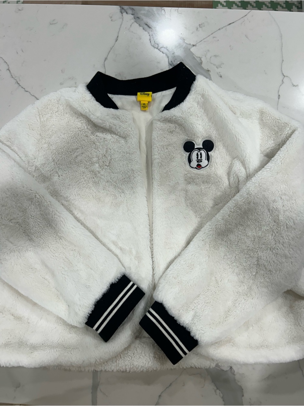 Disney White Faux Fur Bomber Jacket with Black Trim